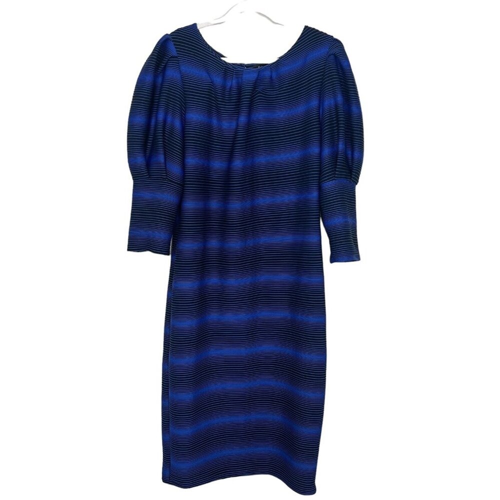 ILLord Dress Size 1X Black Blue Striped Balloon Sleeve Stretchy Midi‎